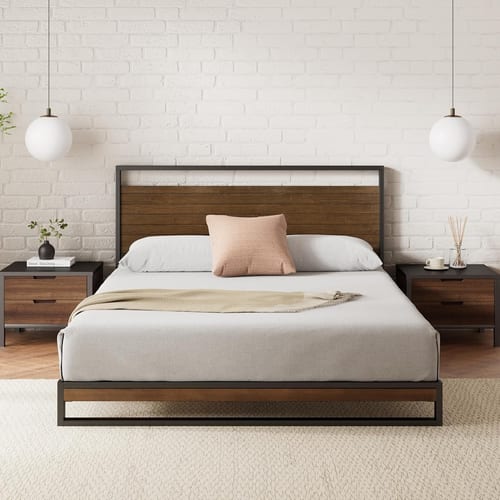 Zinus Ironline Queen Bed Frame Metal Pine Wood Industrial